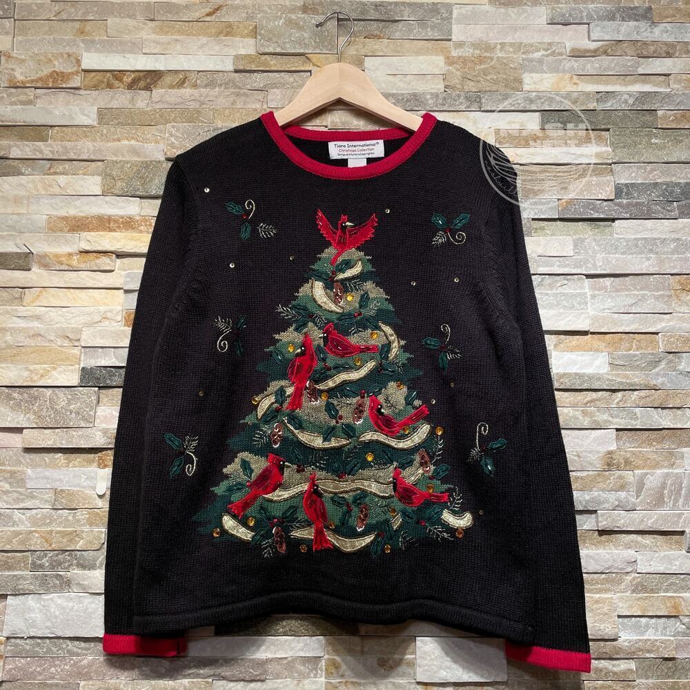 Tiara International L Christmas Cardinals Sweater | Beaded Embellished Holiday